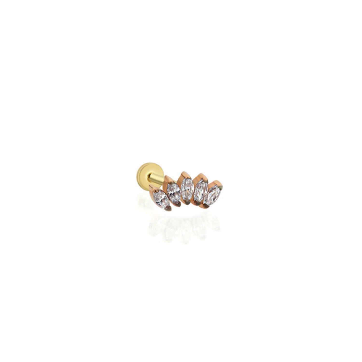 Lotus stud piercing earring with clear zircon - 14K Solid Yellow Gold