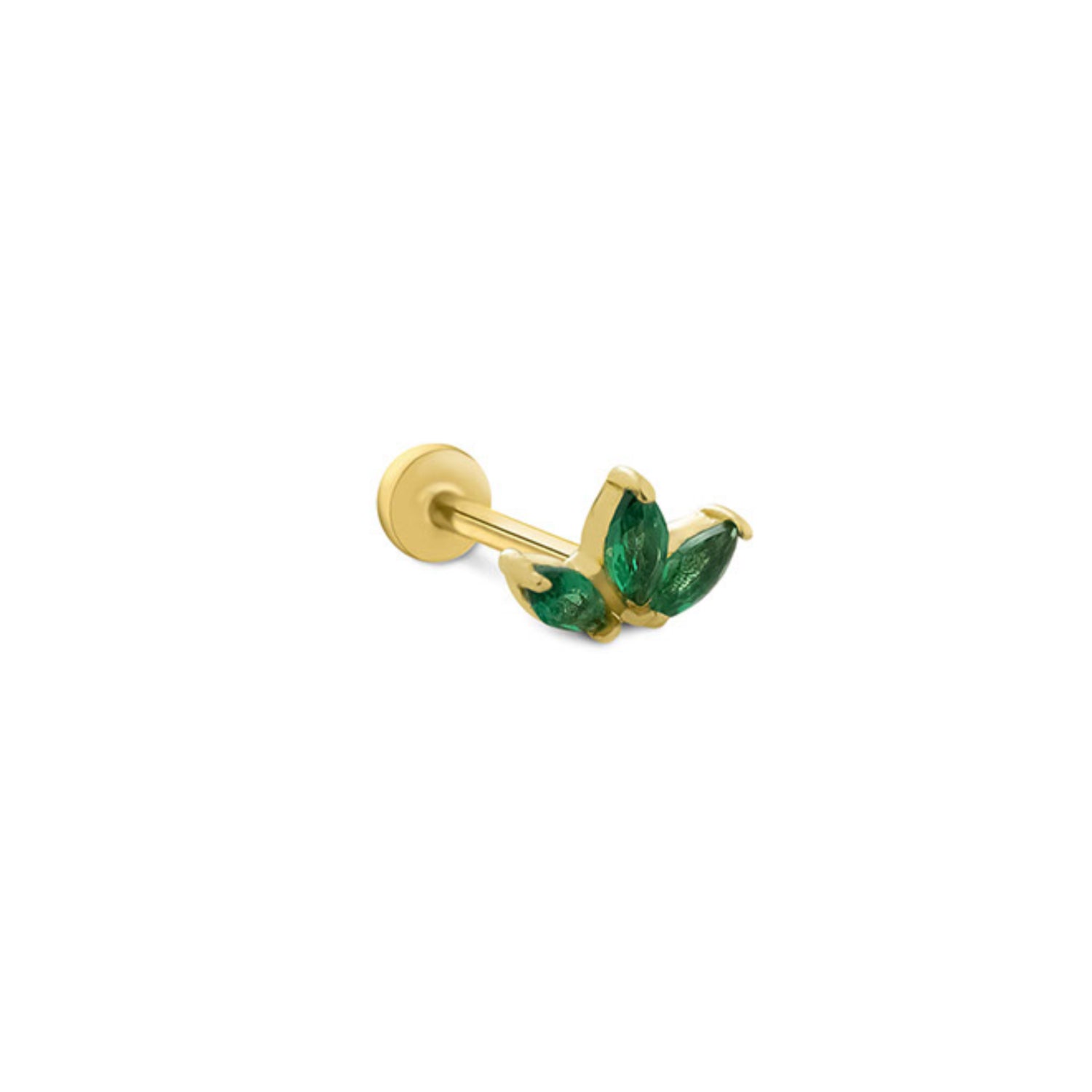 Lotus stud piercing earring with green zircons - 14K Solid Yellow Gold