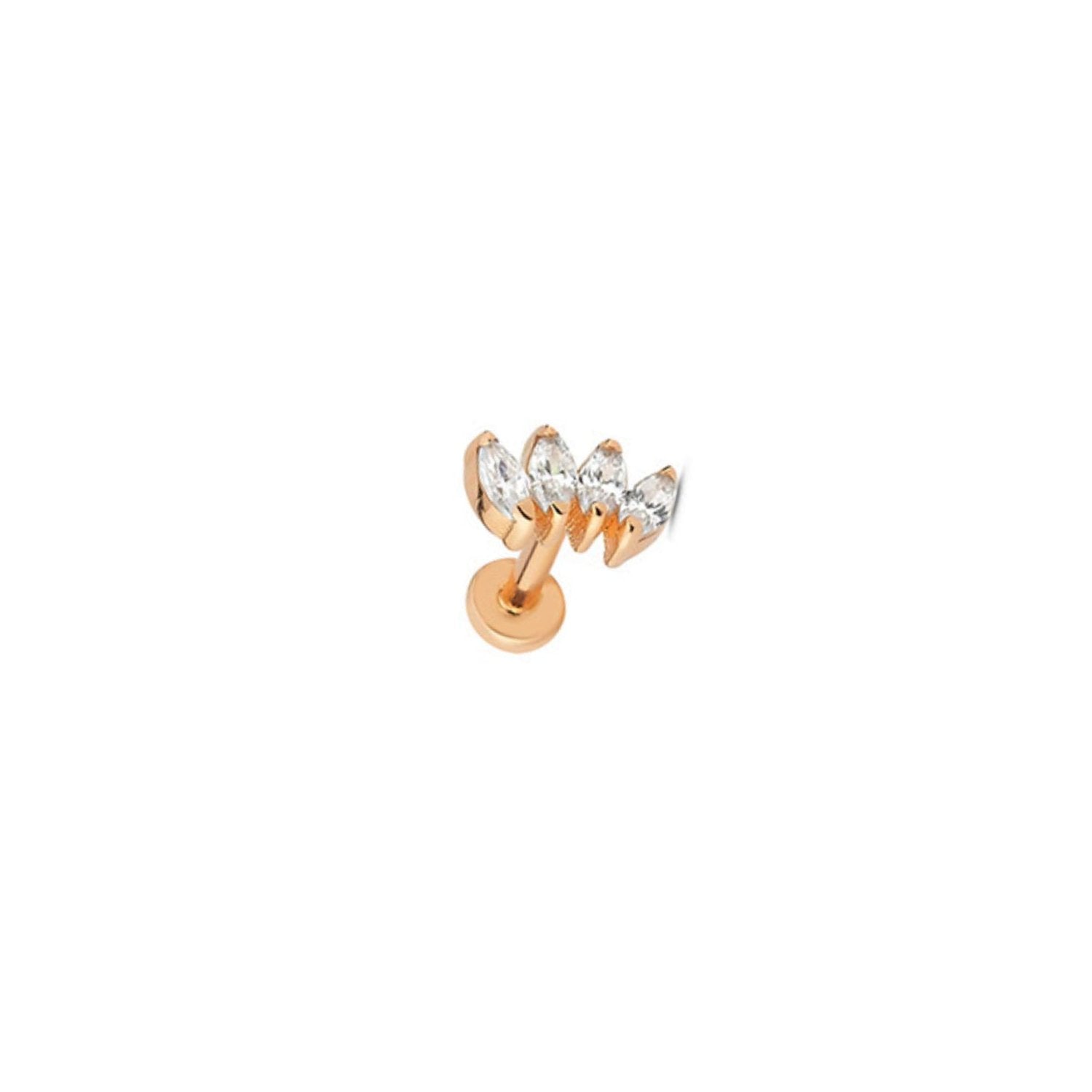 Lotus stud piercing earring with clear zircon - 14K Solid Yellow Gold