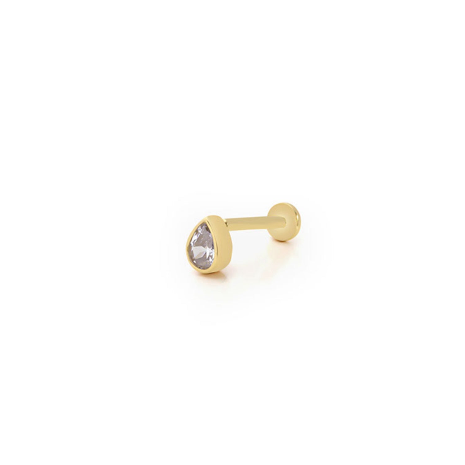 Drop stud piercing earring with clear zircon - 14K Solid Yellow Gold