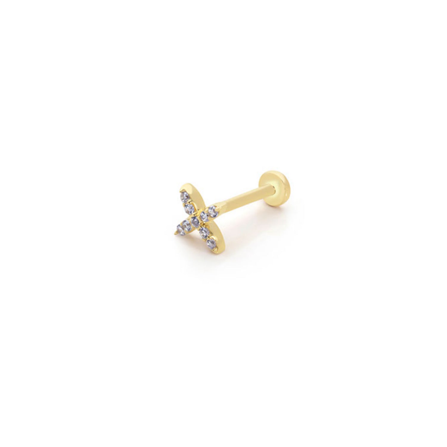 X stud piercing earring with clear zircons - 14K Solid Yellow Gold