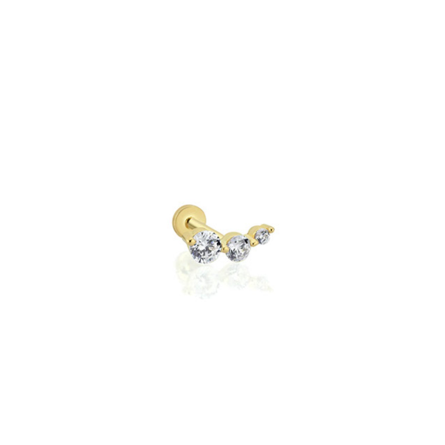 Stud piercing earring with clear zircons - 14K Solid Yellow Gold