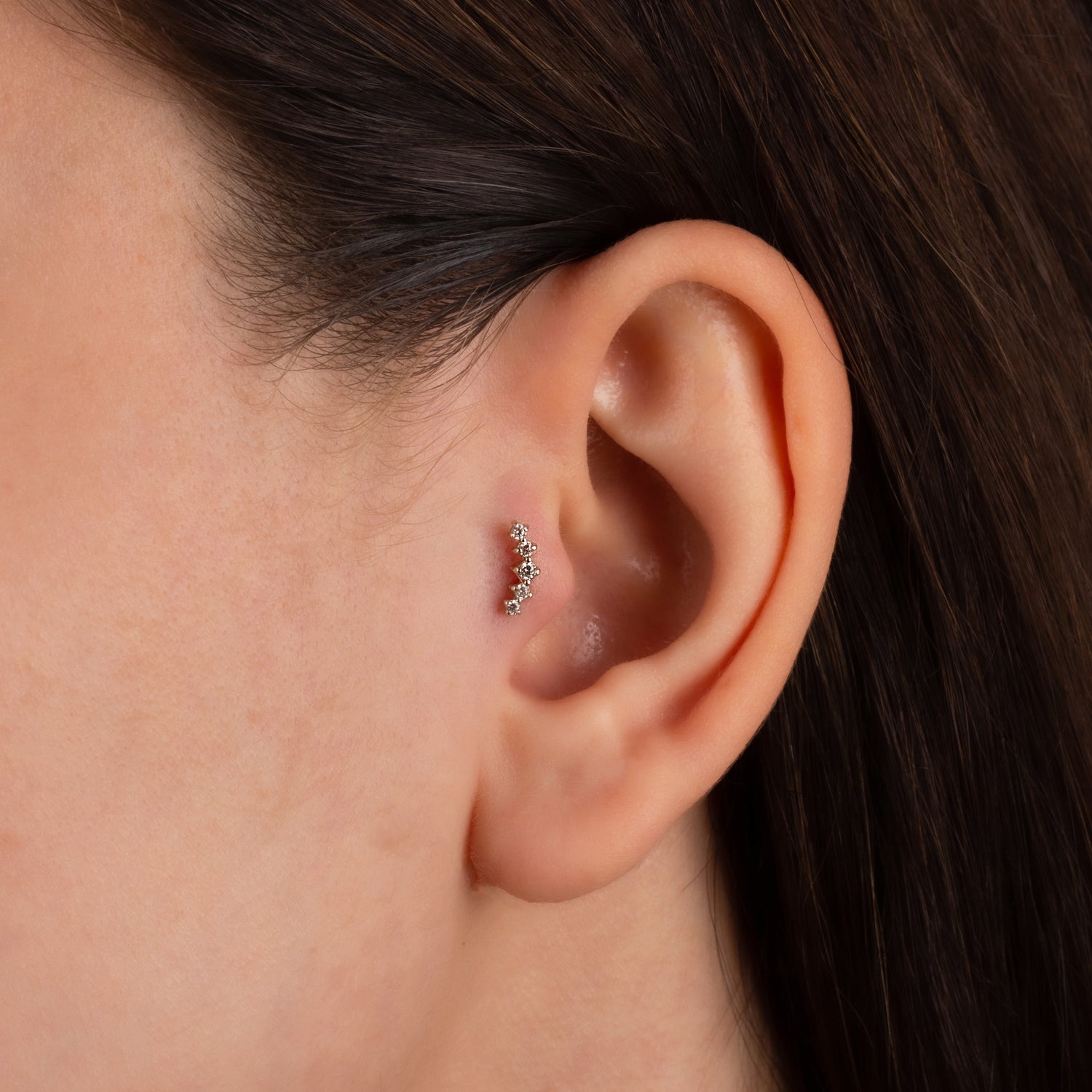 Climber stud piercing earring with clear zircons - 14K Solid White Gold