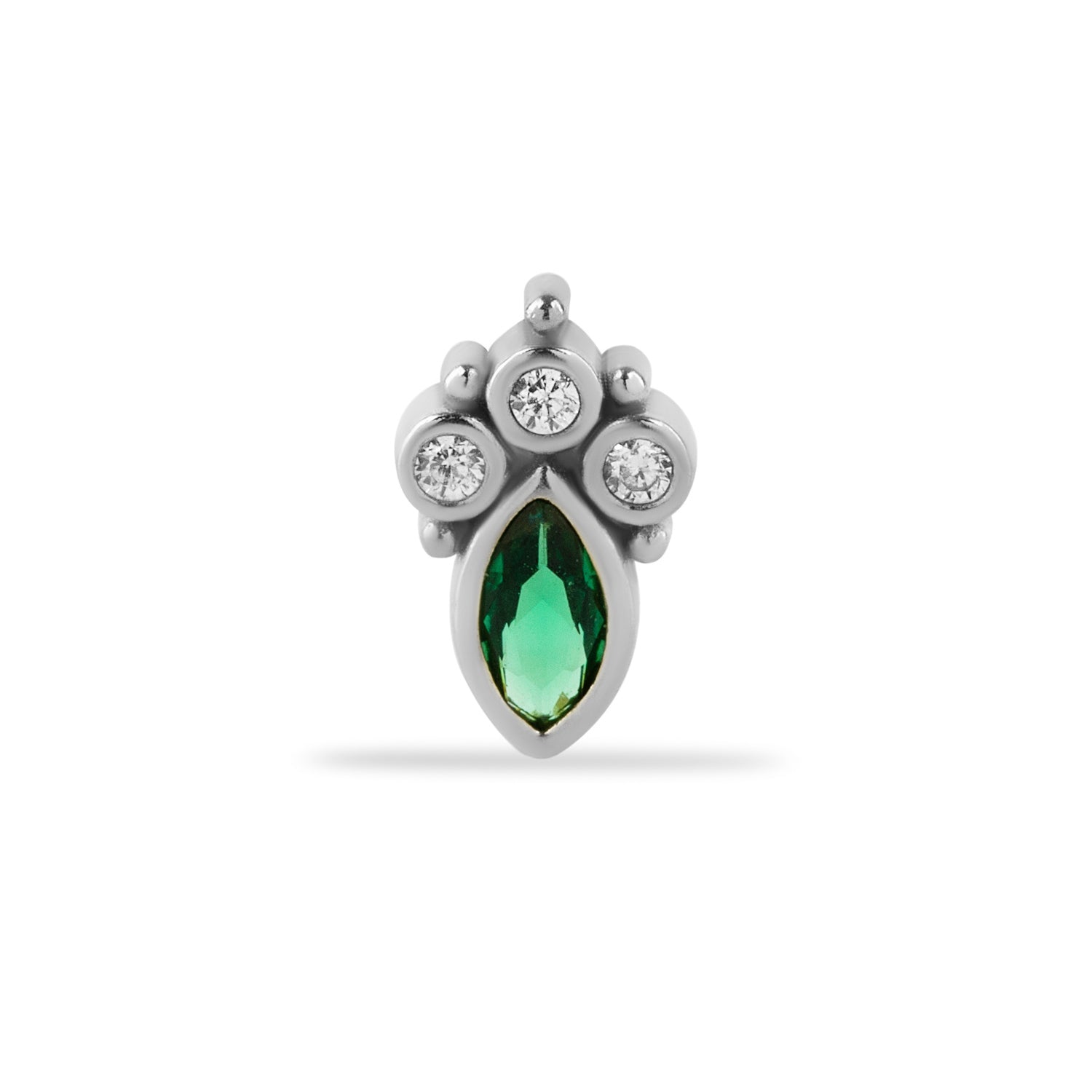 Marquis stud piercing earring with clear and green zircons - 14K Solid White Gold