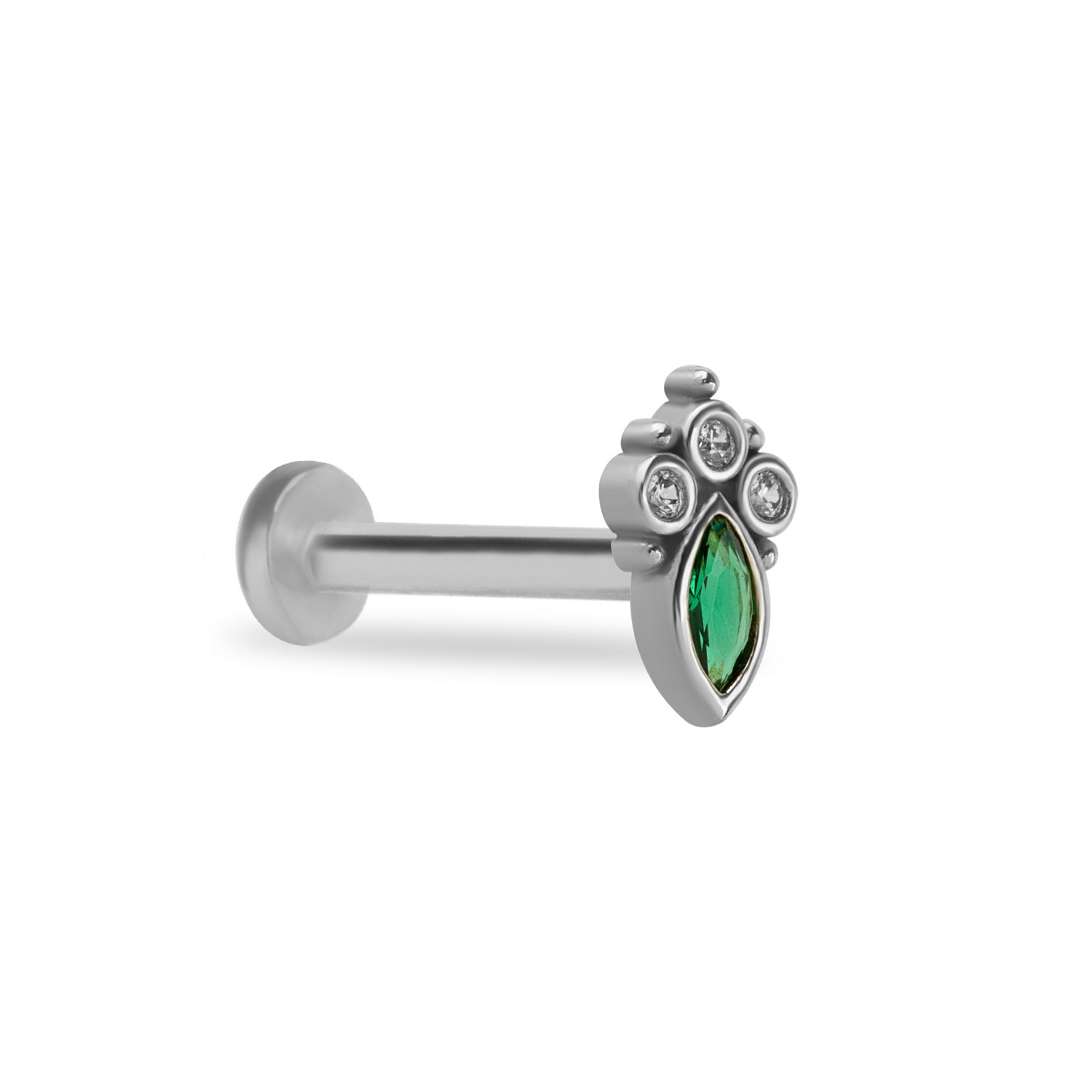 Marquis stud piercing earring with clear and green zircons - 14K Solid White Gold