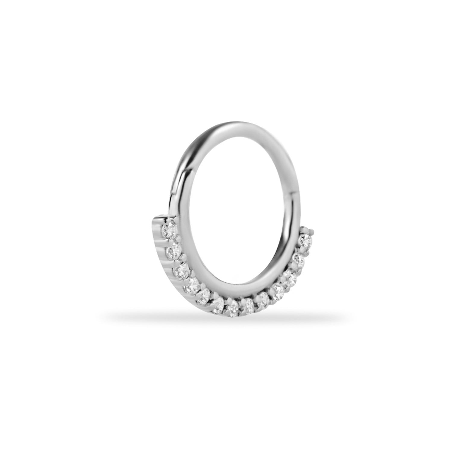 8mm Hoop piercing earring with clear zircons - 14K Solid White Gold