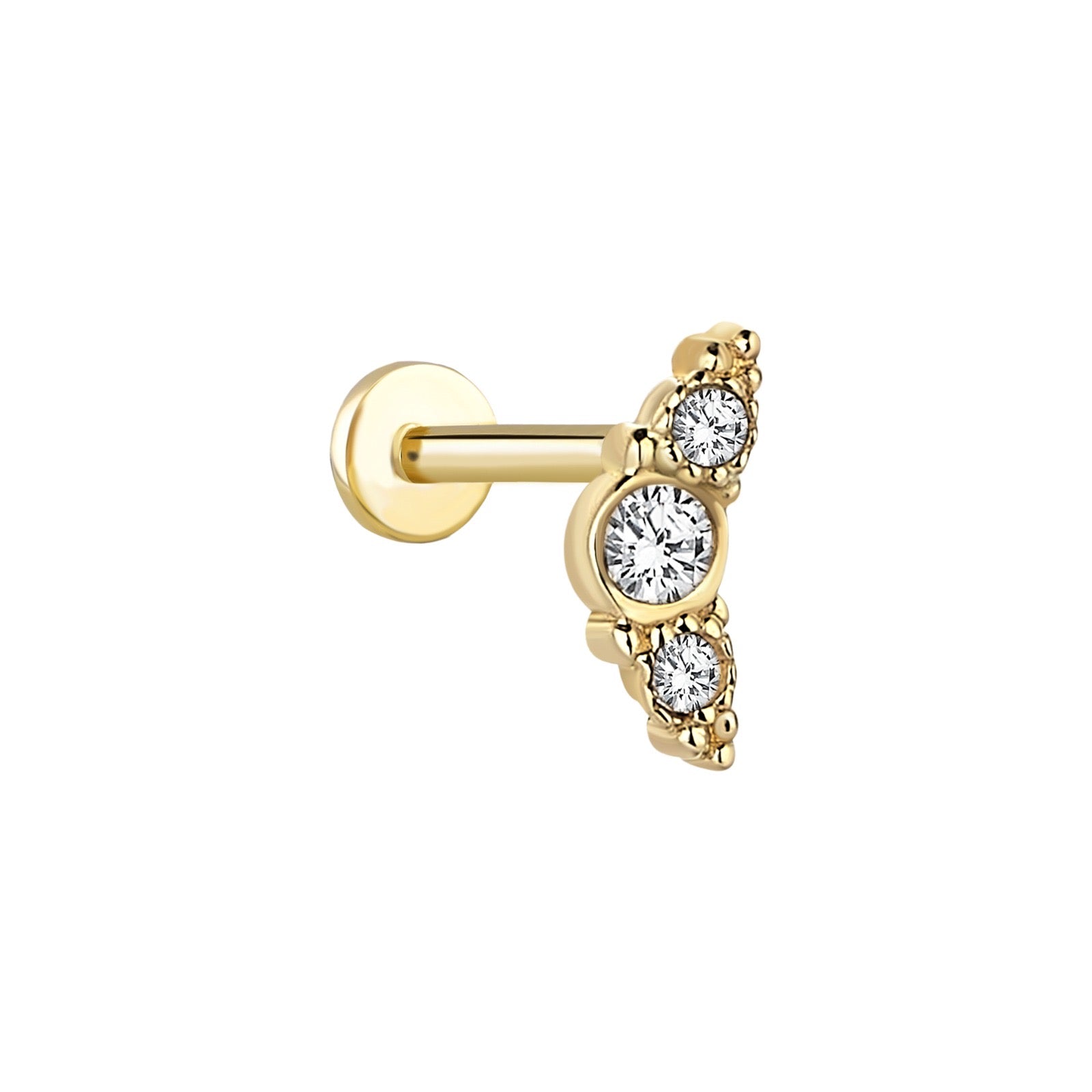 Stud piercing earring with clear zircons - 14K Solid Yellow Gold