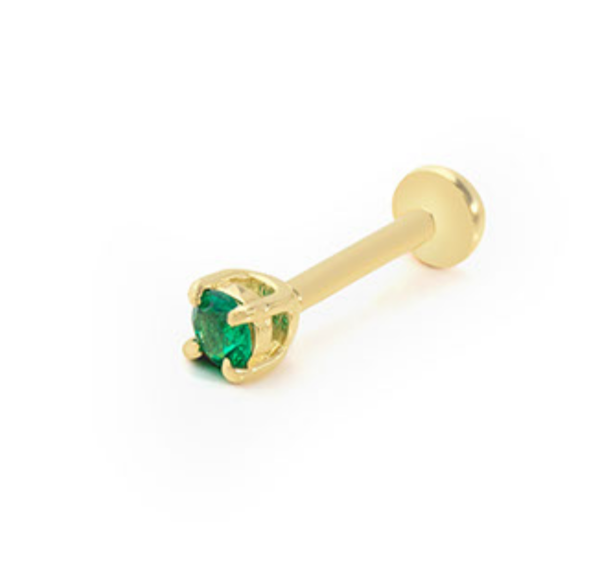 Dot stud piercing earring with green zircon - 14K Solid Yellow Gold