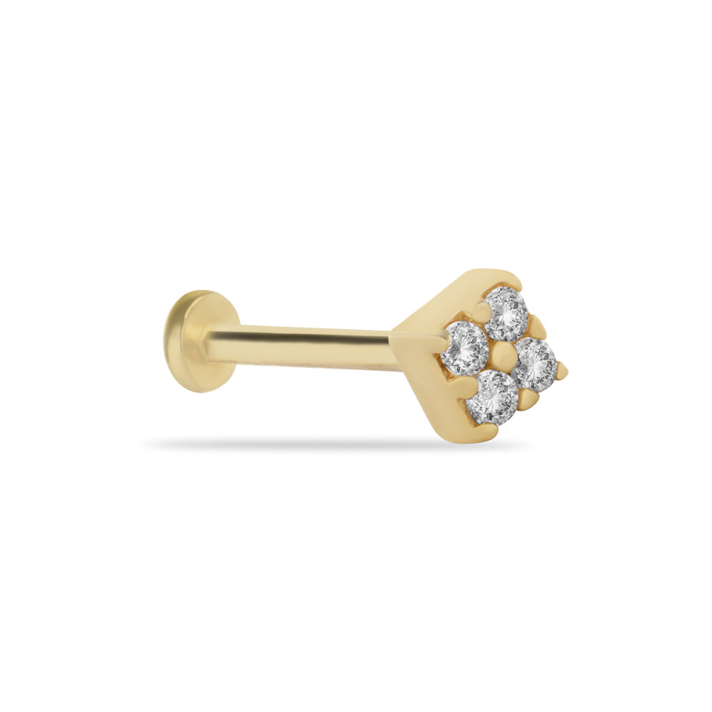 Square stud piercing earring with clear zircons - 14K Solid Yellow Gold