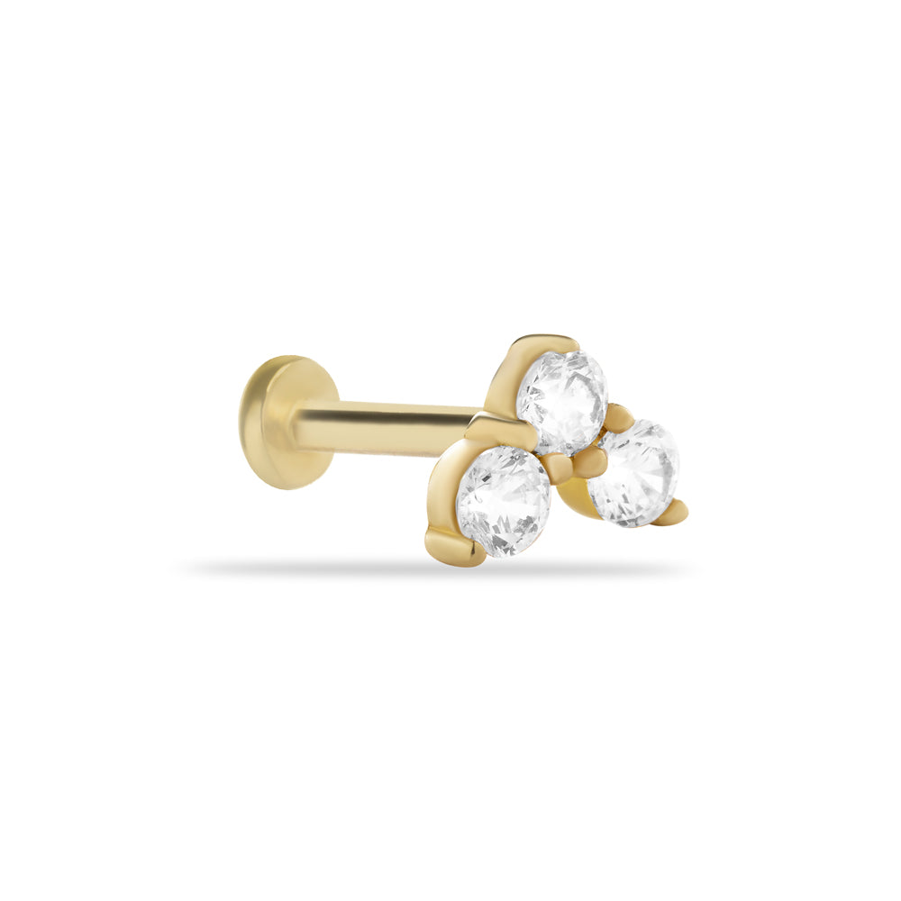 Stud piercing earring with clear zircons - 14K Solid Yellow Gold