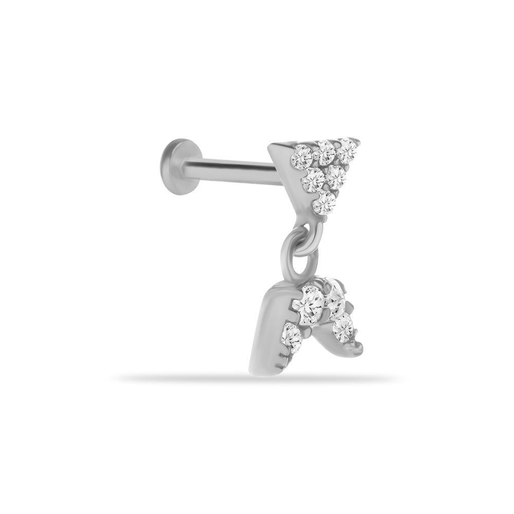 Stud piercing earring with hanging chain & clear zircon - 14K Solid White Gold