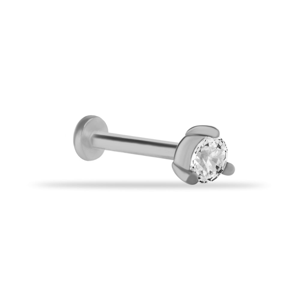 Dot stud piercing earring with clear zircon - 14K Solid White Gold