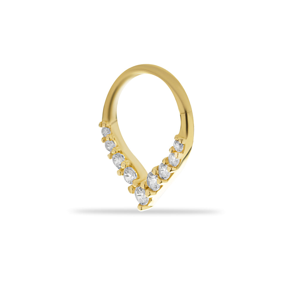 8mm Hoop piercing earring with clear zircons- 14K Solid Yellow Gold