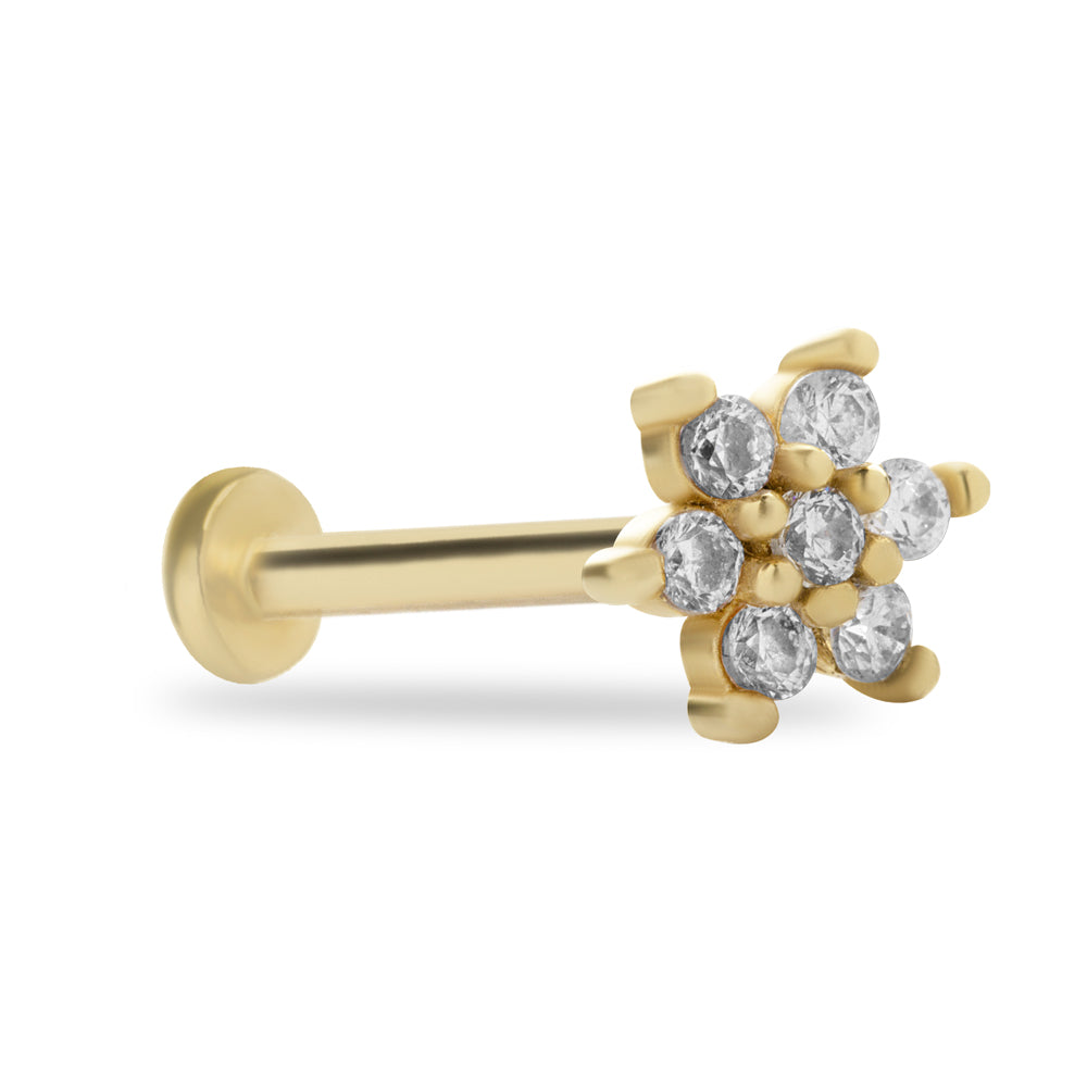 Flower stud piercing earring with clear zircons - 14K Solid Yellow Gold