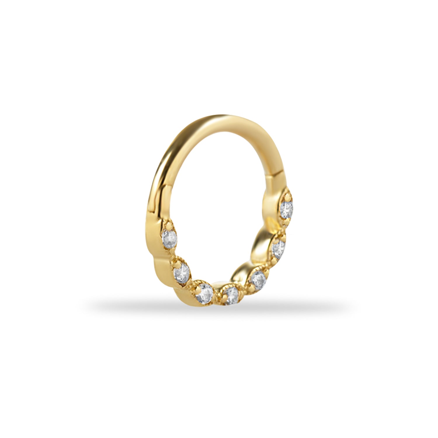 8mm Hoop piercing earring with clear zircons - 14K Solid Yellow Gold