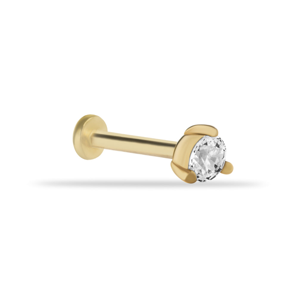 Dot stud piercing earring with clear zircon - 14K Solid Yellow Gold