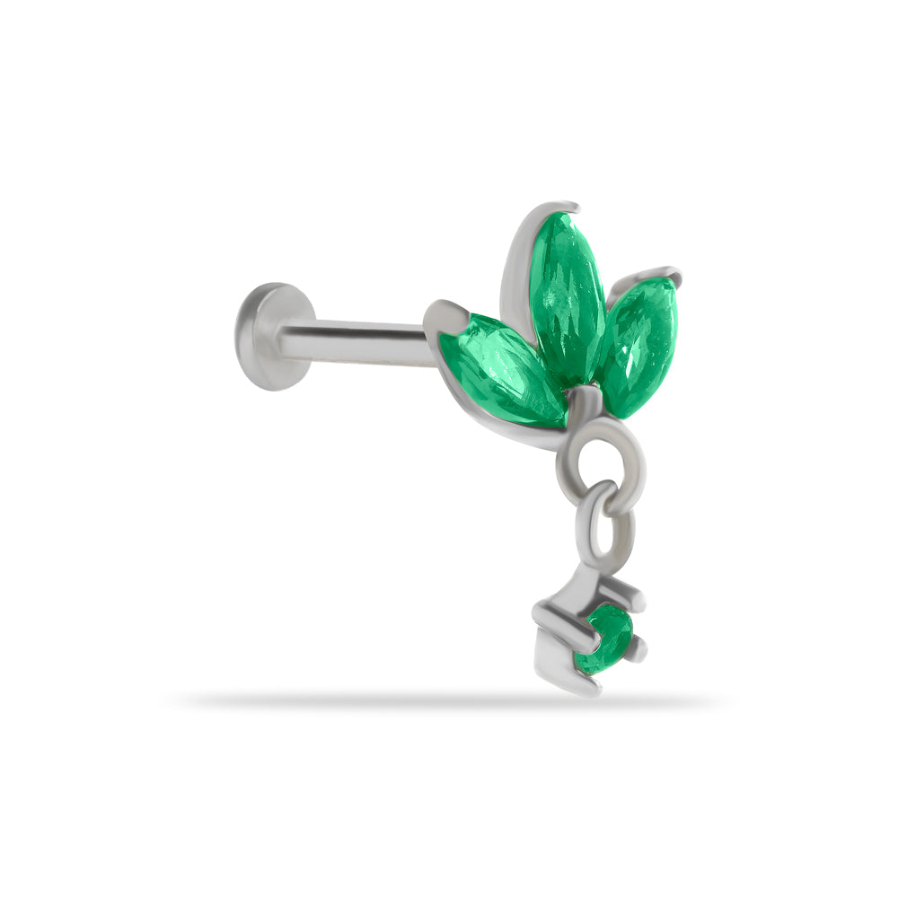 Lotus flower stud piercing earring with green zircons & hanging chain - 14K Solid White Gold