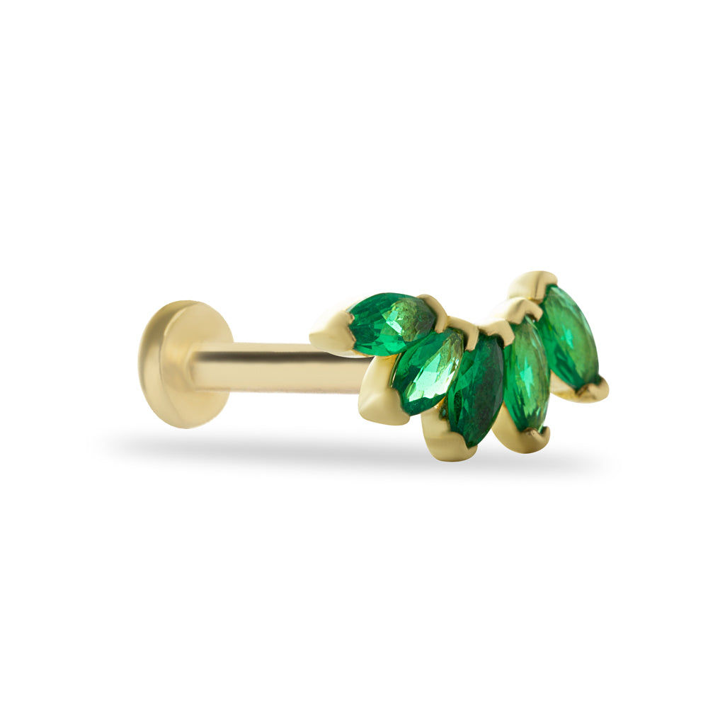 Climber stud piercing earring with green zircons- 14K Solid Yellow Gold