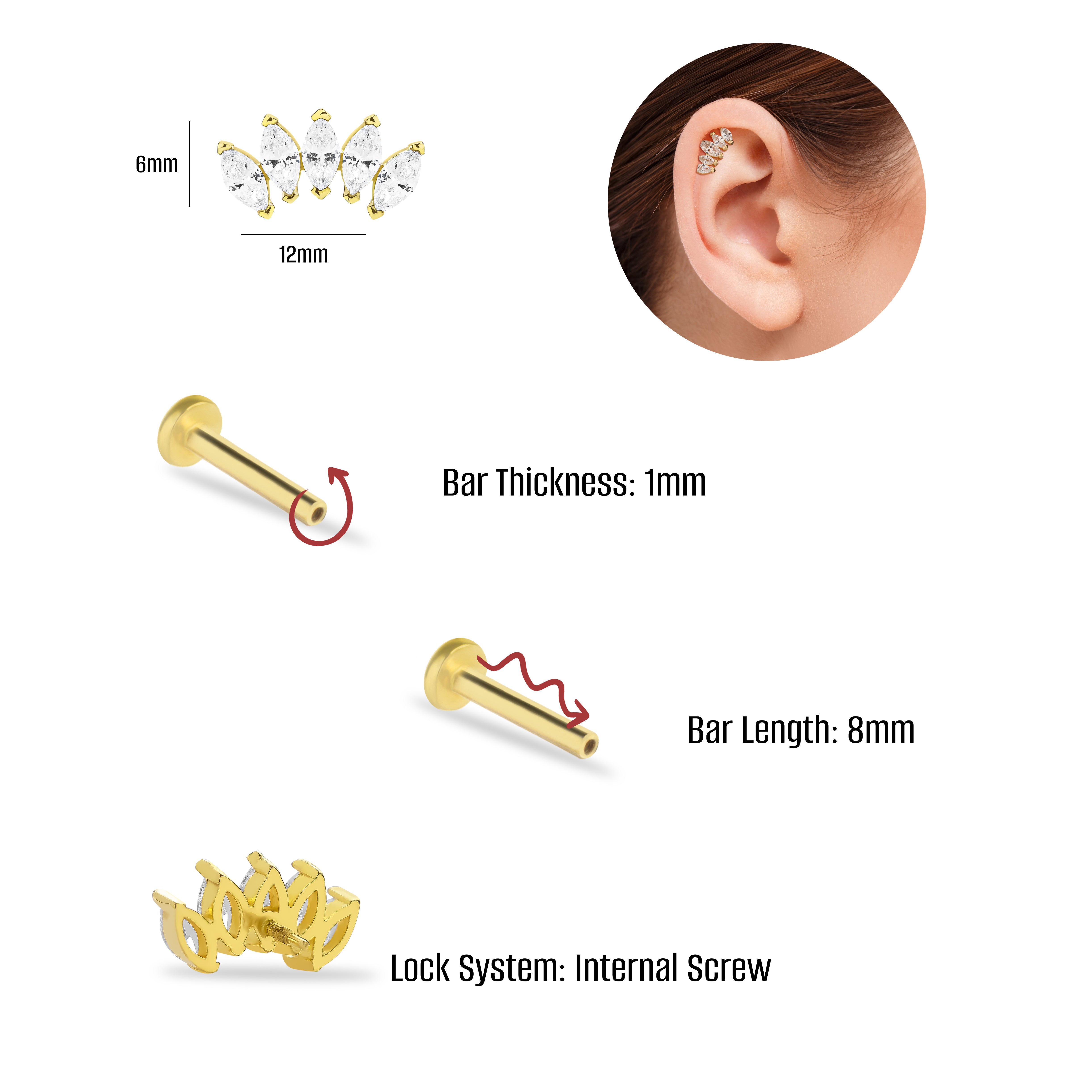 Lotus stud piercing earring with clear zircon - 14K Solid Yellow Gold