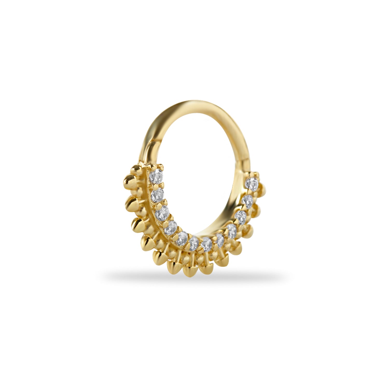 8mm Hoop piercing earring with clear zircons - 14K Solid Yellow Gold