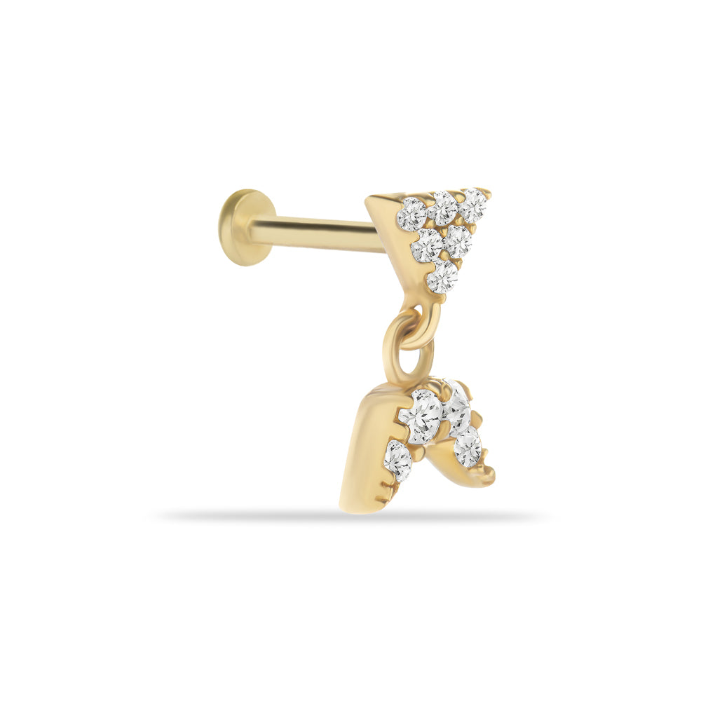 Stud piercing earring with hanging chain & clear zircons - 14K Solid Yellow Gold