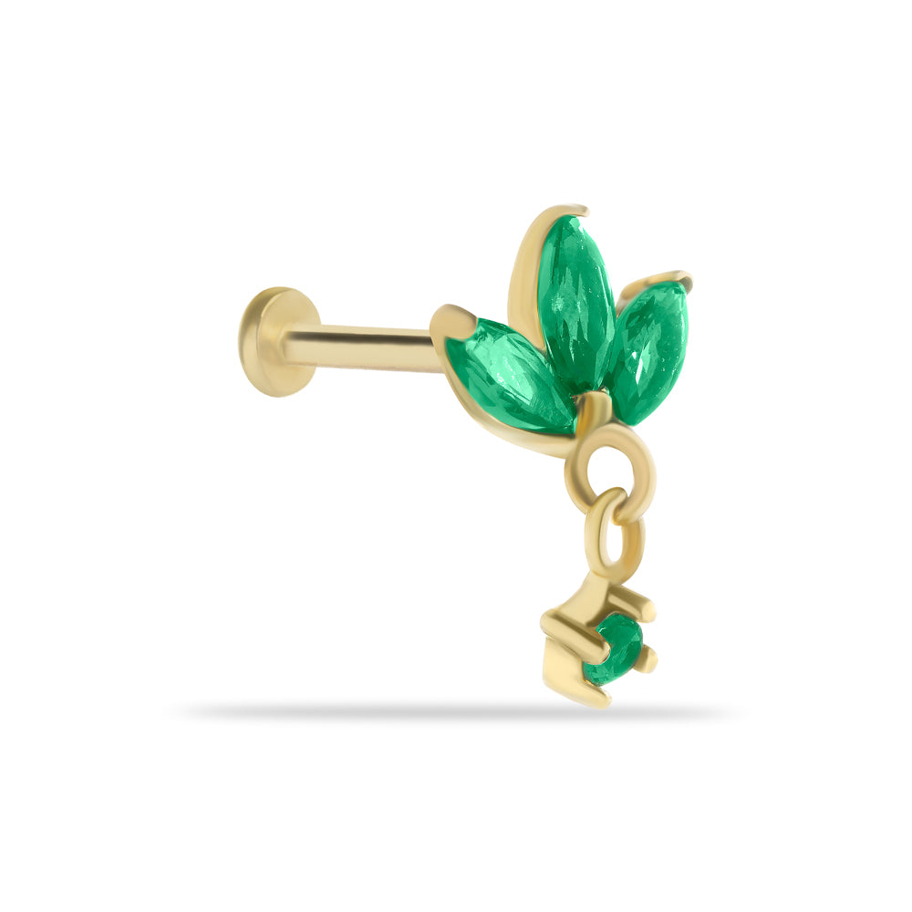 Lotus flower stud piercing earring with green zircons & hanging chain - 14K Solid Yellow Gold