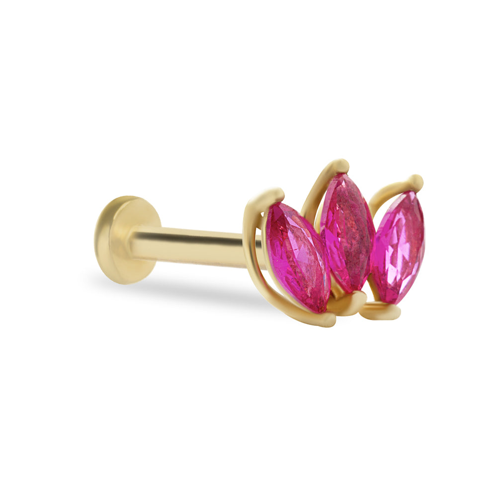 Lotus stud piercing earring in red zircons - 14K Solid Yellow Gold