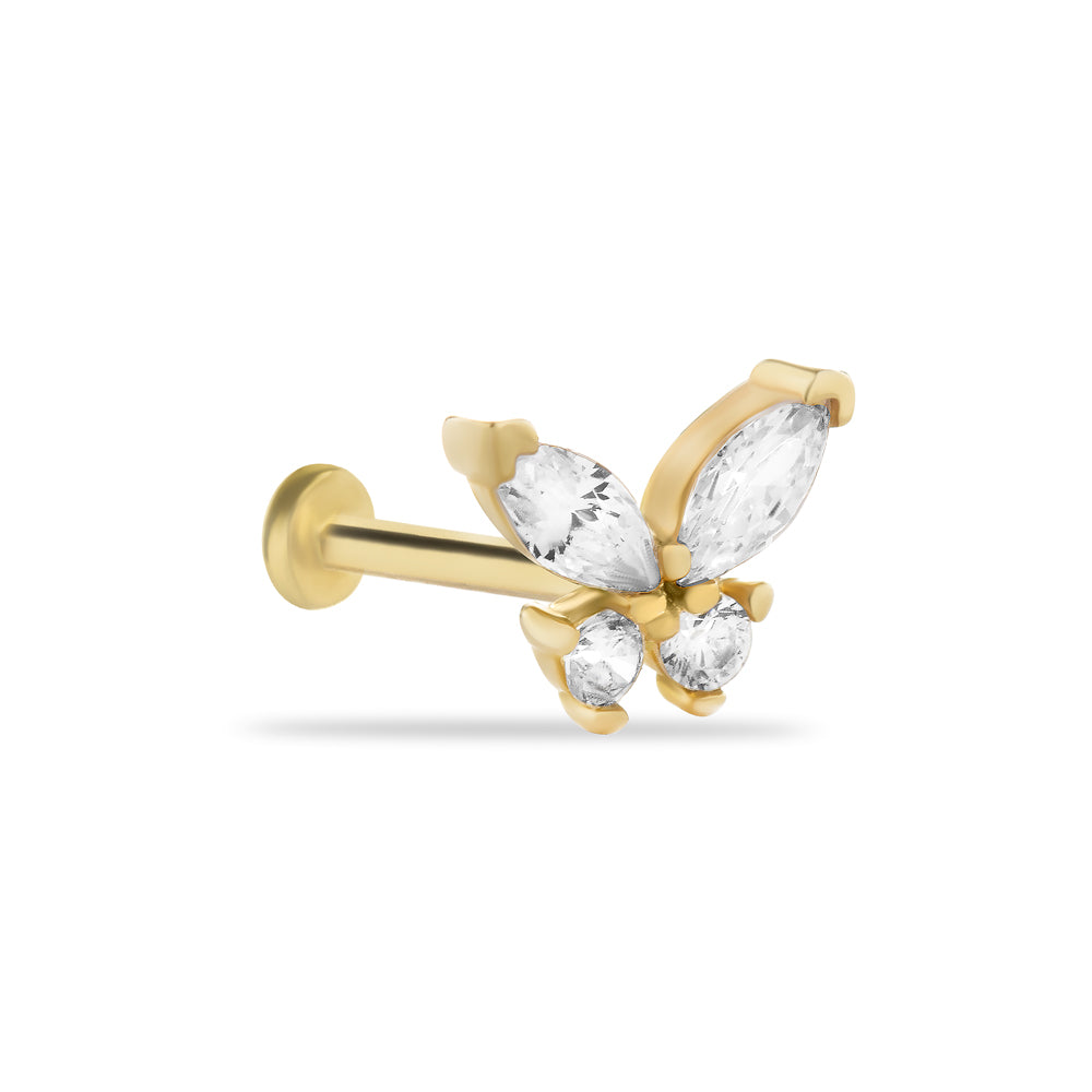 Butterfly Stud piercing earring with clear zircons - 14K Solid Yellow Gold