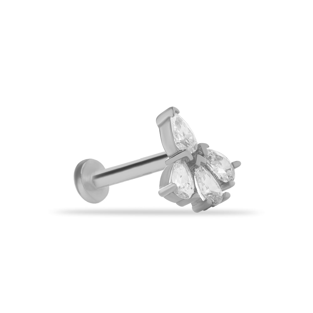 Lotus flower stud piercing earring with clear zircons - 14K Solid White Gold