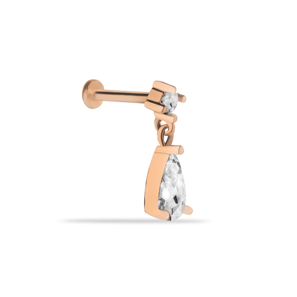 Stud piercing earring with hanging chain & clear zircons - 14K Solid Rose Gold