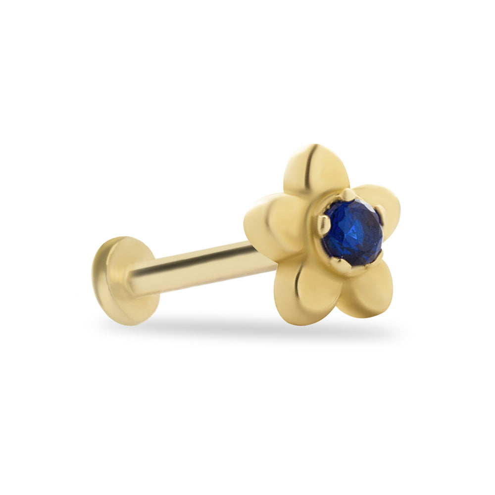 Flower stud piercing earring with blue zircon - 14K Solid Yellow Gold