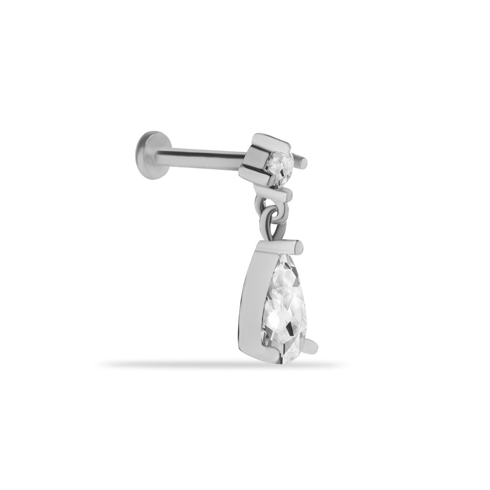 Stud piercing earring with hanging chain & clear zircons - 14K Solid White Gold