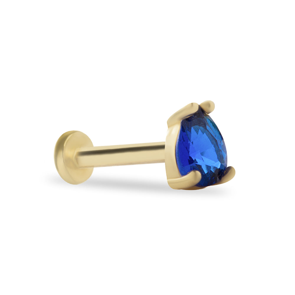 Drop stud piercing earring with blue zircon- 14K Solid Yellow Gold