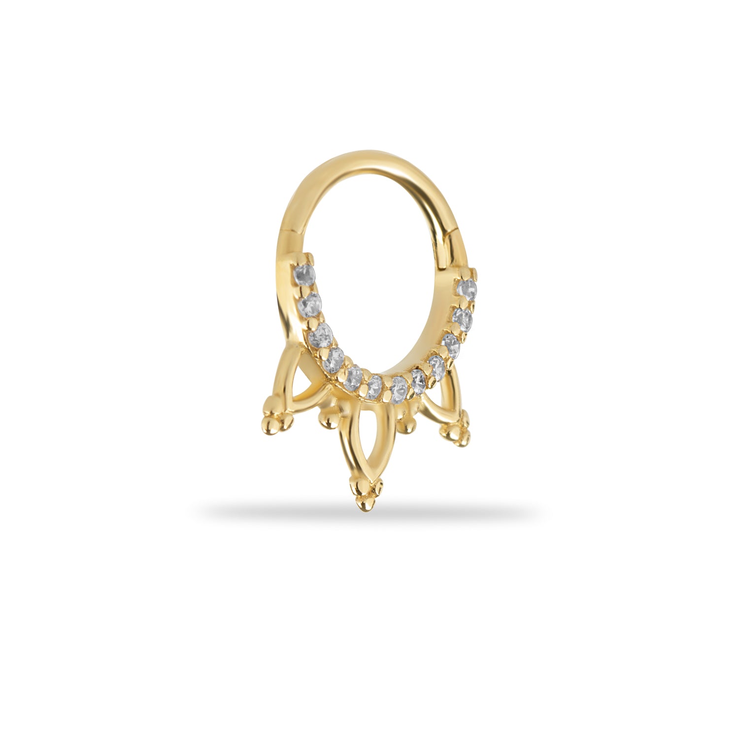 8mm Hoop piercing earring with clear zircons- 14K Solid Yellow Gold