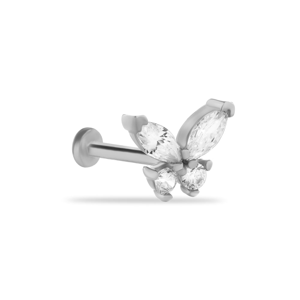 Butterfly Stud piercing earring with clear zircons - 14K Solid White Gold