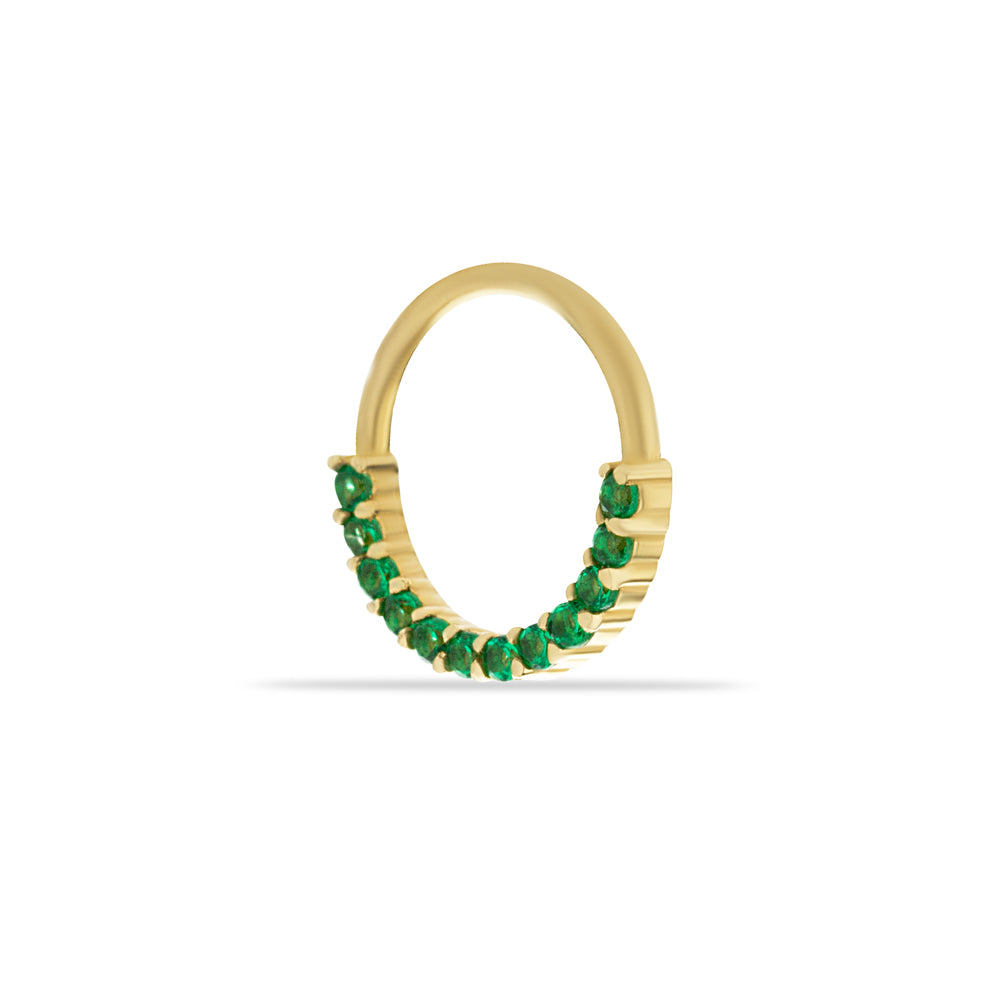 8mm Hoop piercing earring with green zircons- 14K Solid Yellow Gold