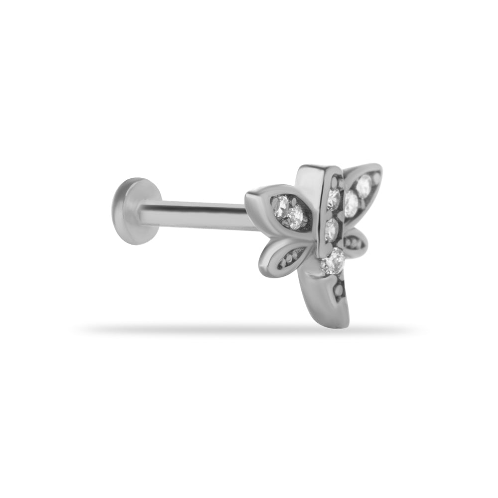 Dragonfly stud piercing earring with clear zircon - 14K Solid White Gold