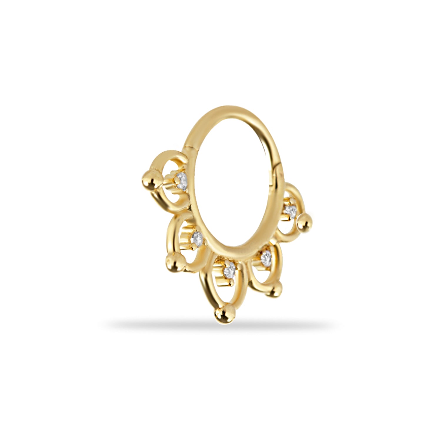 8mm Hoop piercing earring with clear zircons- 14K Solid Yellow Gold