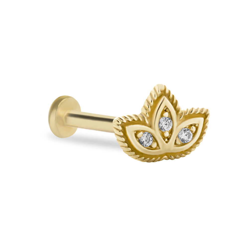 Lotus stud piercing earring with clear zircons - 14K Solid Yellow Gold