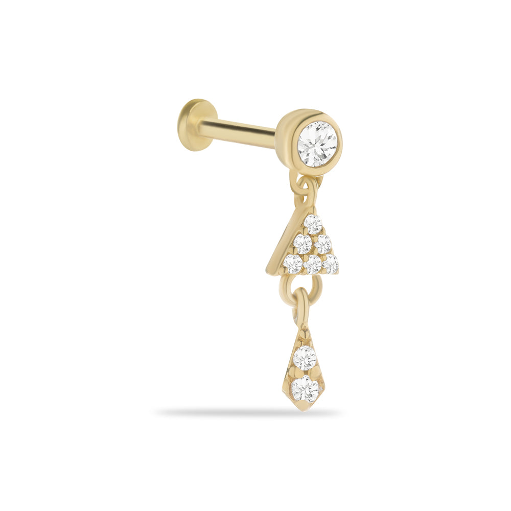 Stud piercing earring with clear zircon & hanging chain - 14K Solid Yellow Gold
