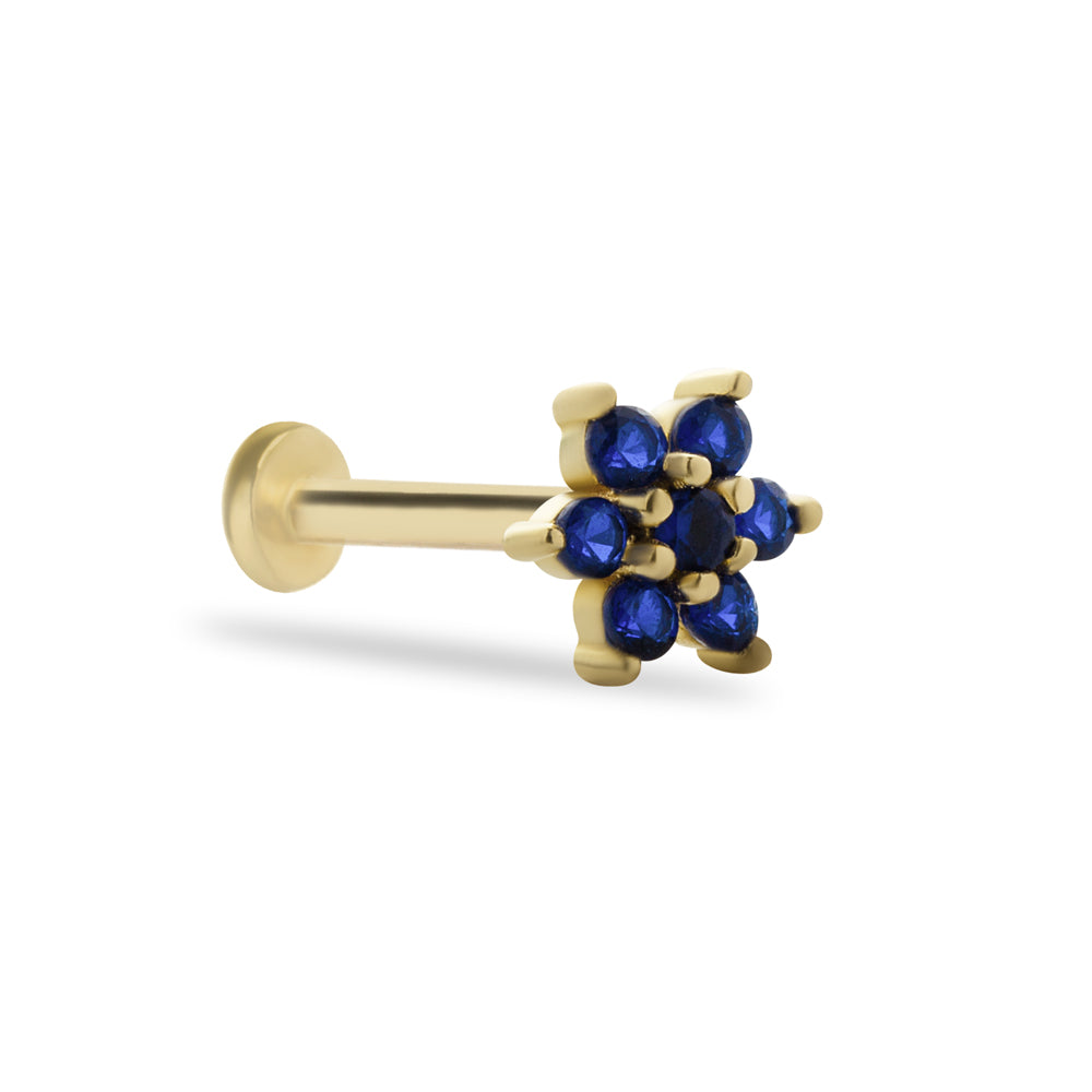 Flower stud piercing earring with blue zircons - 14K Solid Yellow Gold