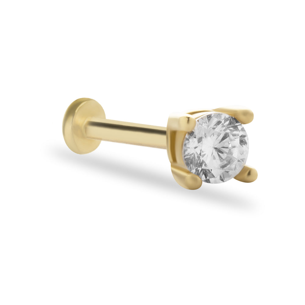 Dot stud piercing earring with zircon - 14K Solid Yellow Gold