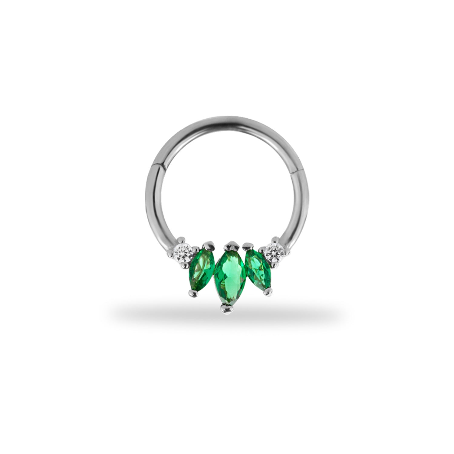 8mm Hoop piercing earring with green zircons - 14K Solid White Gold