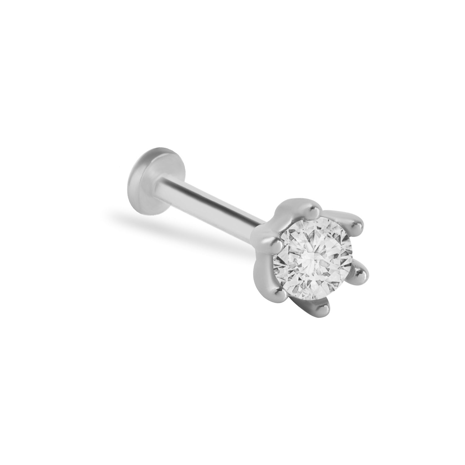 Dot stud piercing earring with clear zircons - 14K Solid White Gold