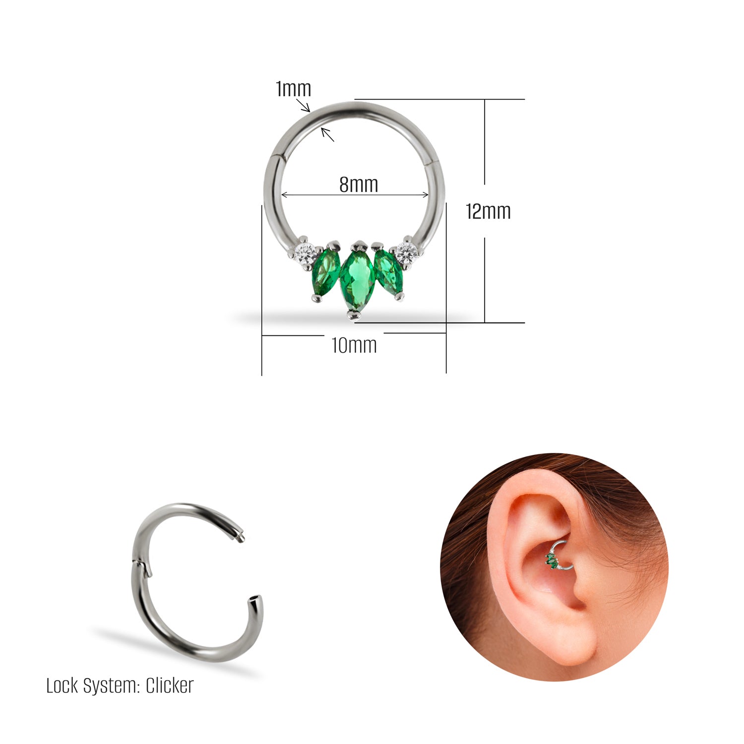 8mm Hoop piercing earring with green zircons - 14K Solid White Gold