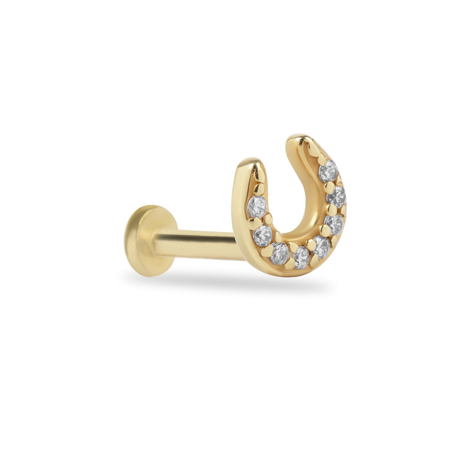 Horseshoe stud piercing earring with clear zircons - 14K Solid Yellow Gold