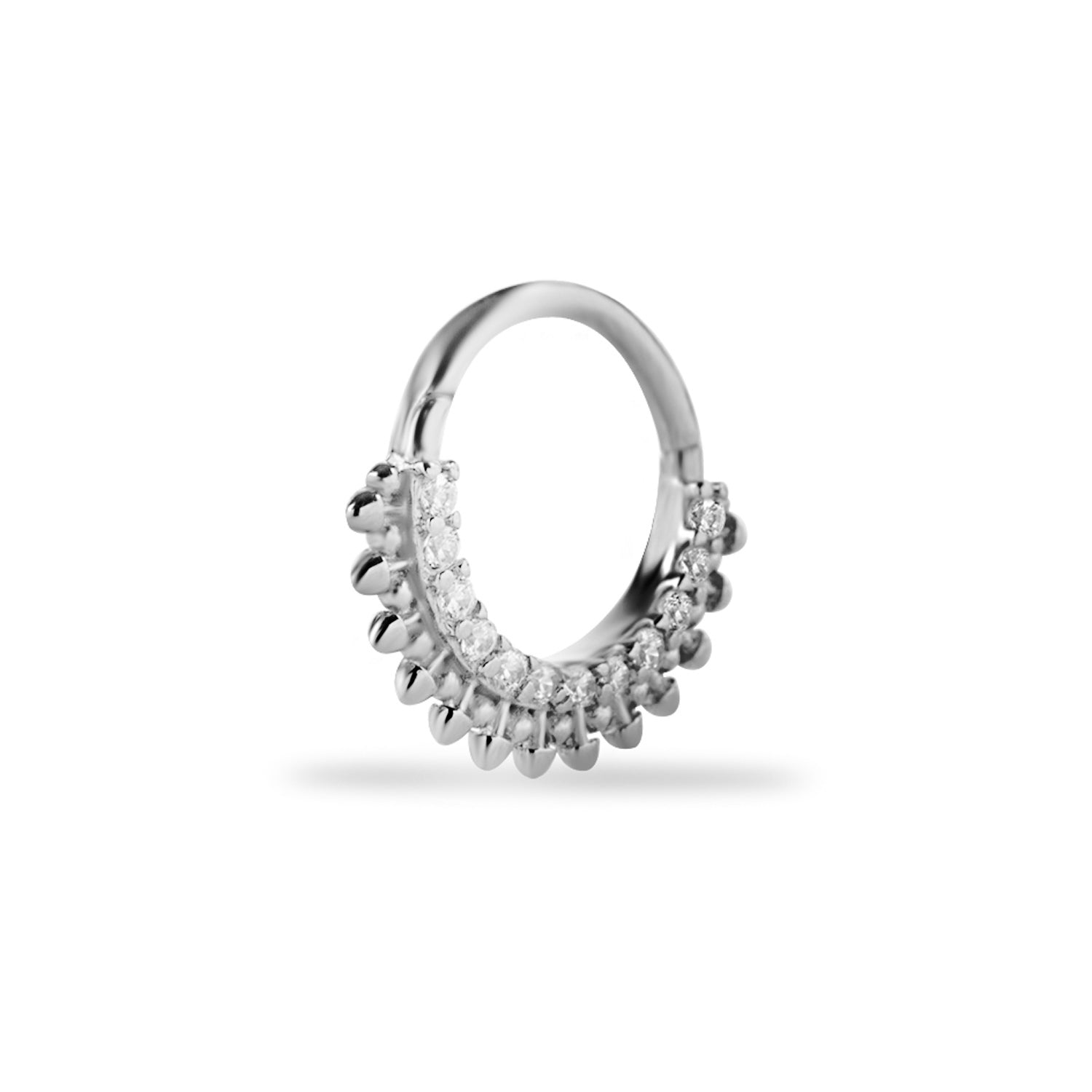 8mm Hoop piercing earring with clear zircons - 14K Solid White Gold