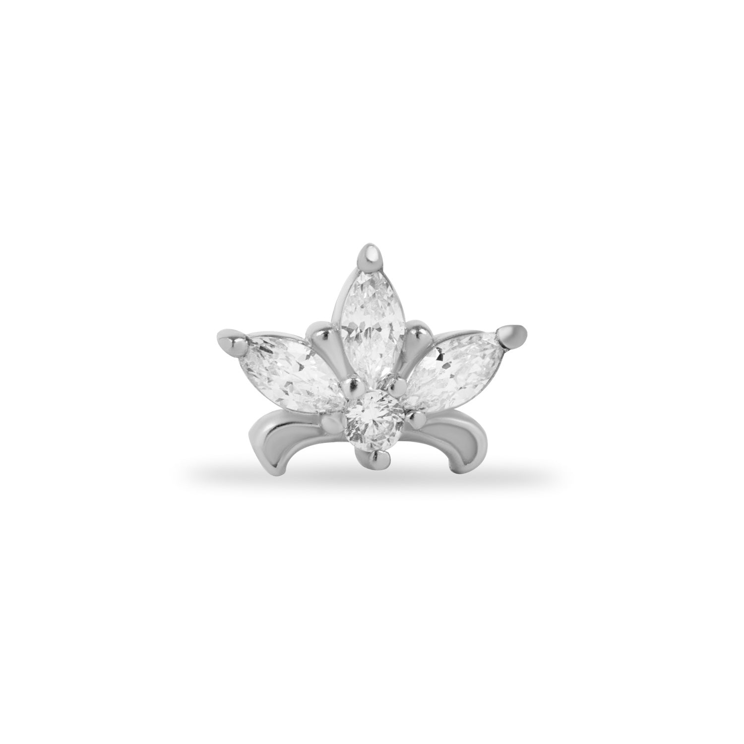 Lotus stud piercing earring with clear zircons - 14K Solid White Gold