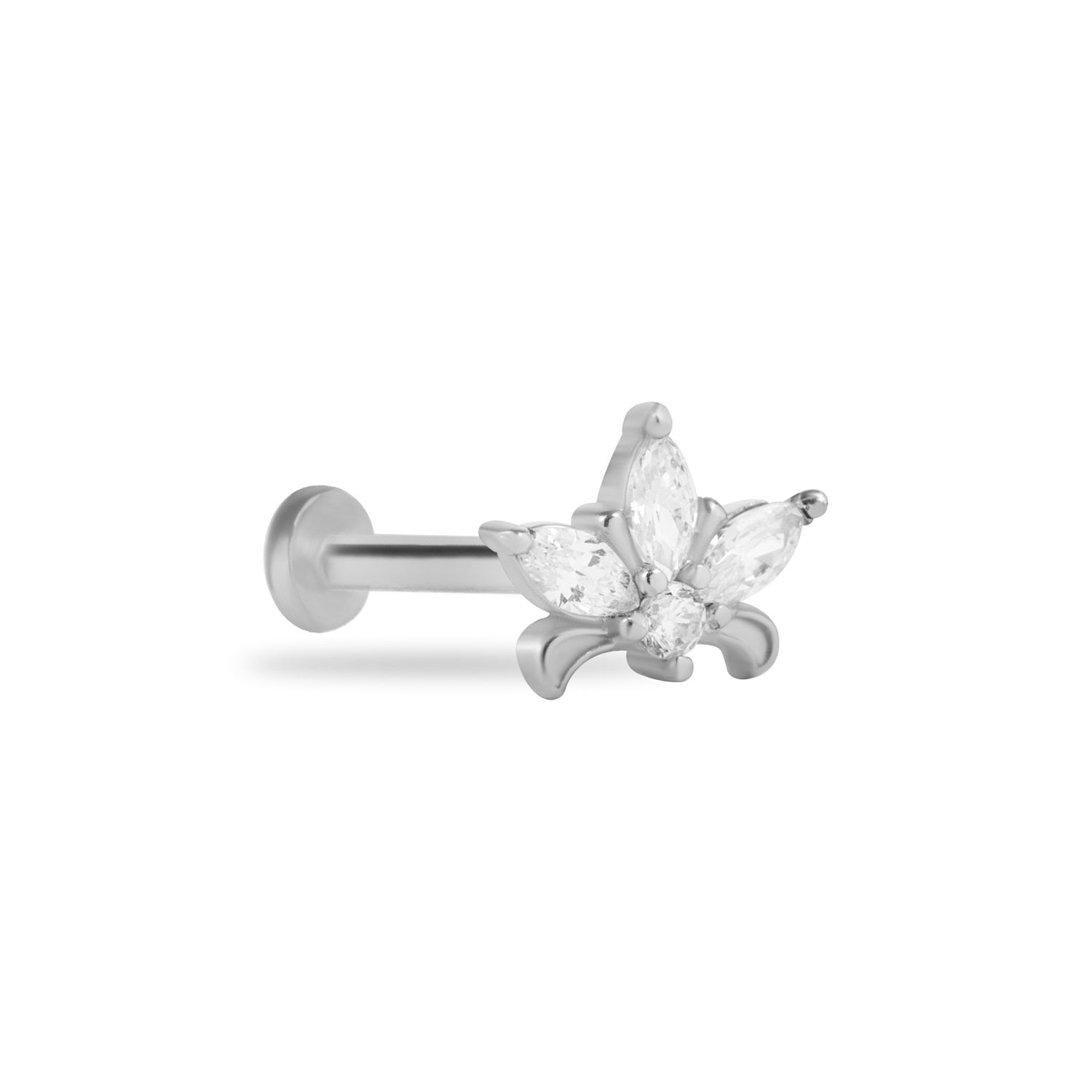 Lotus stud piercing earring with clear zircons - 14K Solid White Gold