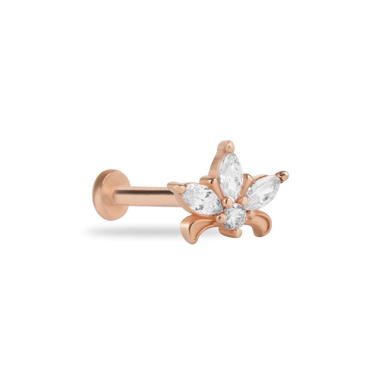 Lotus stud piercing earring with clear zircons - 14K Solid Rose Gold